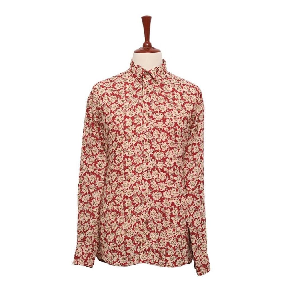 Mens Silky Shirt Button Up Red Beige Floral Summer Tropical Hawaiian Beach XL